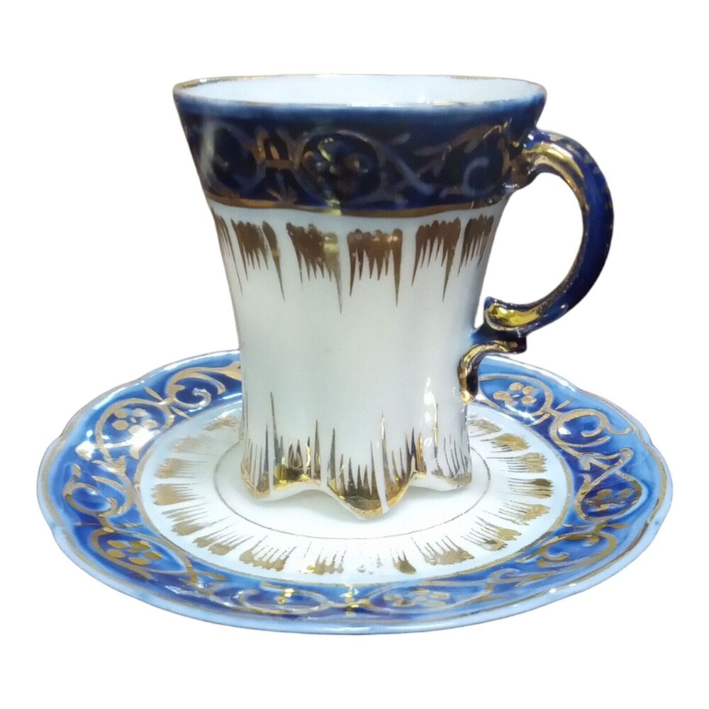 Vintage Flow Blue Gold Bone China Demitasse Cup Saucer